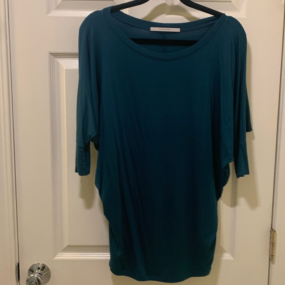 Dark teal colored Hawthorne top oversized, drapes nicely